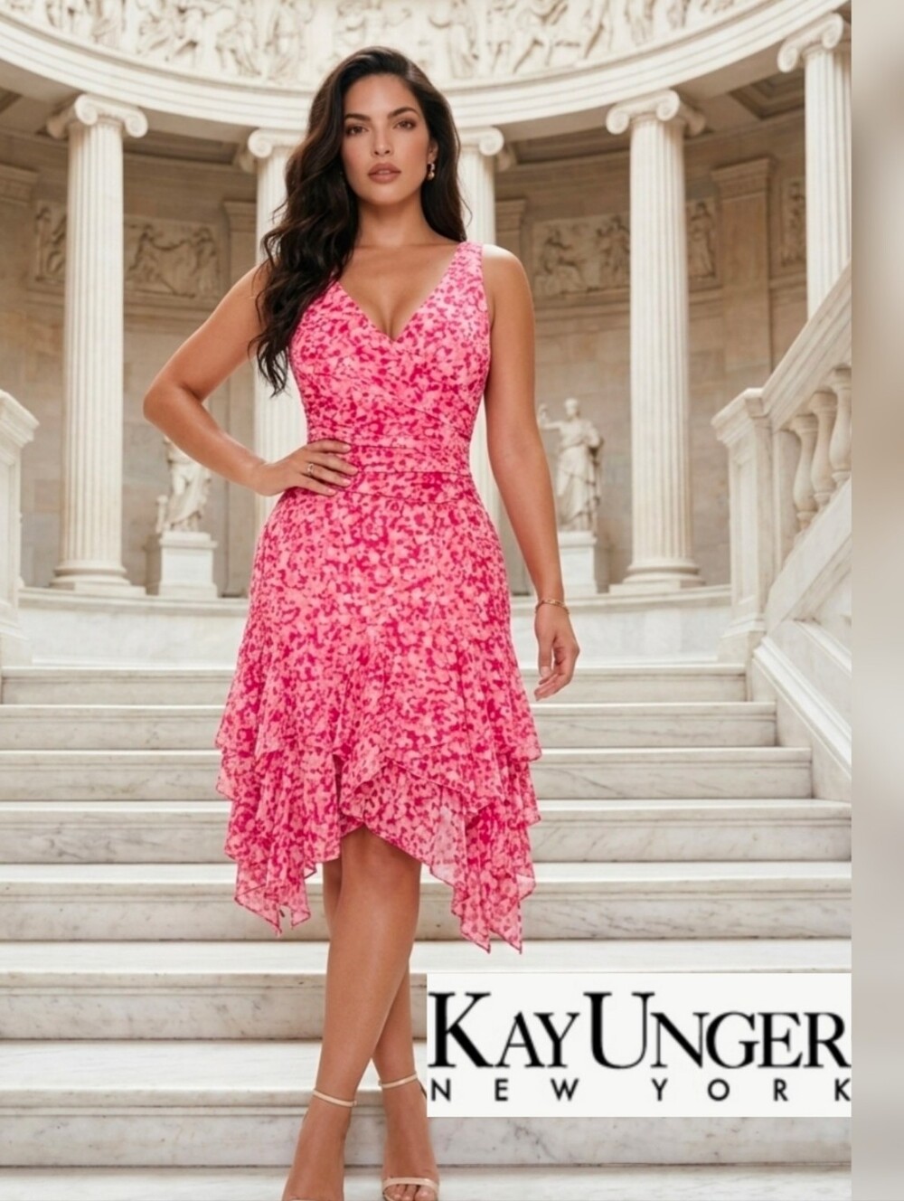 KAY UNGER Semi Formal layered floral dress sharkbite hem 14 $298 - Picture 1 of 8